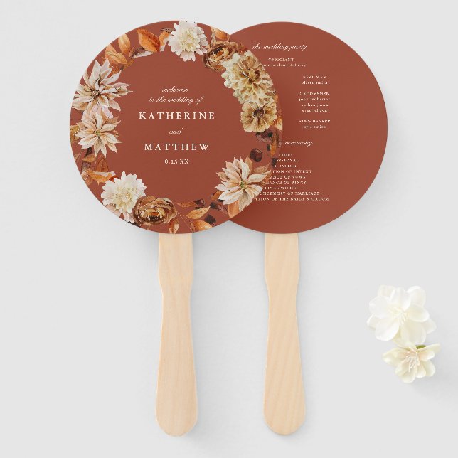 Elegant Autumn Floral Terracotta Wedding Program Hand Fan (Front and Back)