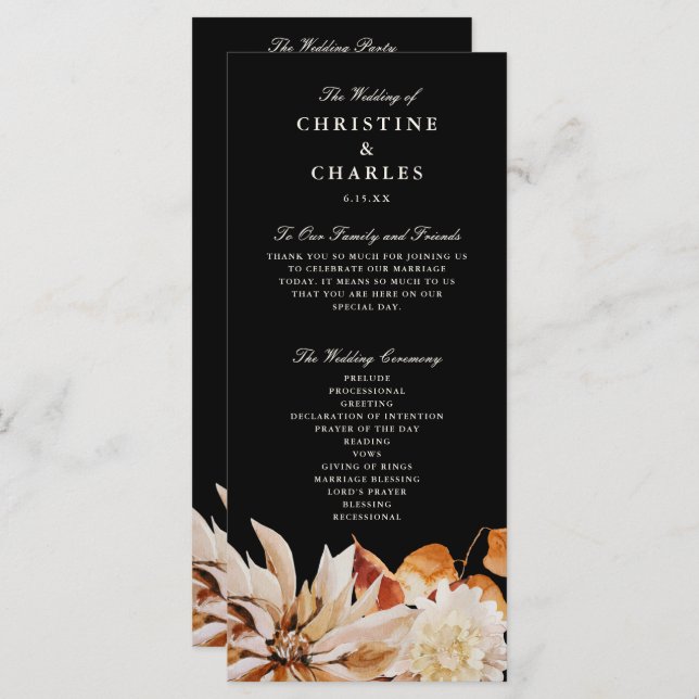 Elegant Autumn Floral Watercolor Wedding Ceremony  Program (Front/Back)