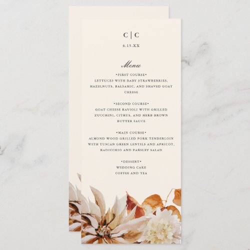 Elegant Autumn Floral Watercolor Wedding Menu Card