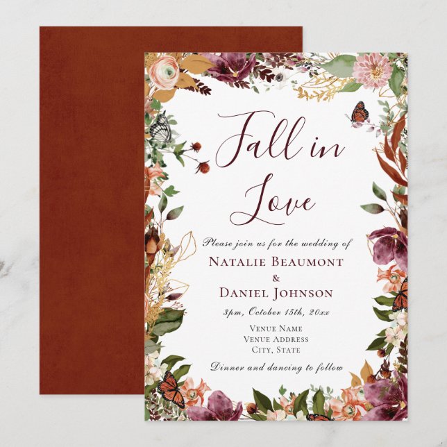 Elegant Autumn Floral Wedding Invitation (Front/Back)