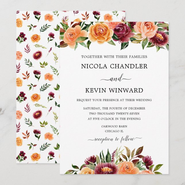 Elegant Autumn Floral Wedding Invitation (Front/Back)