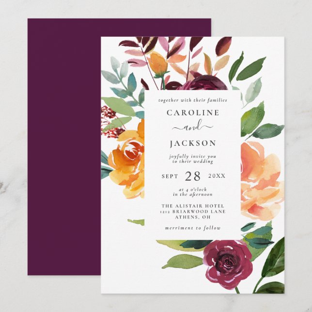 Elegant Autumn Floral Wedding Invitation (Front/Back)