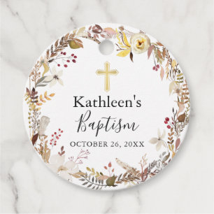 Elegant Autumn Floral Wreath Fall Baptism Favor Tags