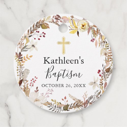 Elegant Autumn Floral Wreath Fall Baptism Favor Tags