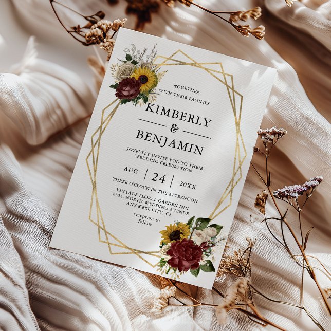 Elegant Autumn Florals & Geometric Frame Wedding Invitation (Creator Uploaded)