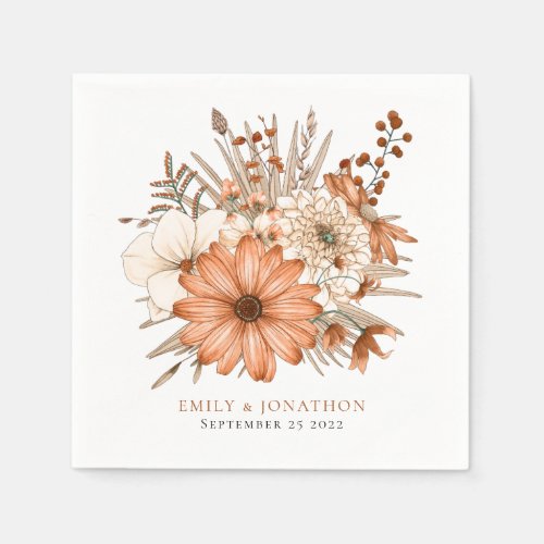 Elegant Autumn Florals Names Date Wedding Napkins