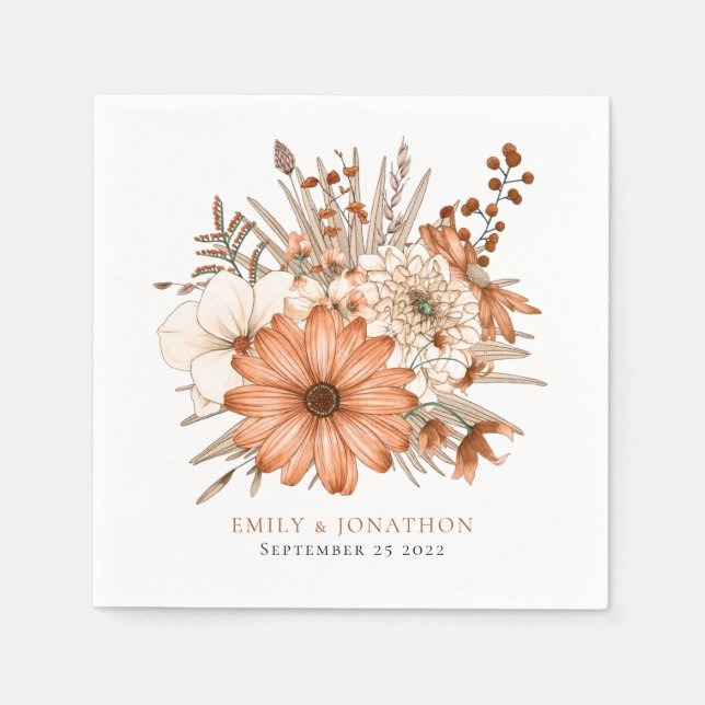 Elegant Autumn Florals Names Date Wedding Napkins (Front)