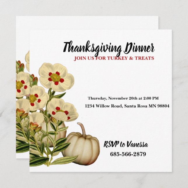 Elegant Autumn Flowers Fall Pumpkin Thanksgiving Invitation (Front/Back)
