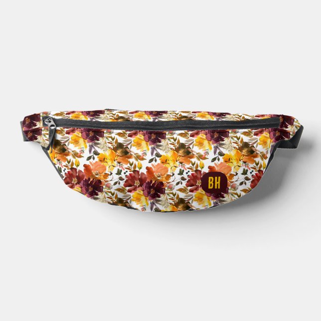 Elegant Autumn Flowers Floral Boho Monogram Fanny Pack (Lay Down)