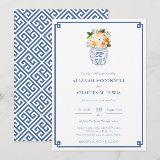 Elegant Autumn Flowers Ginger Jar Wedding Invitation (Front/Back)