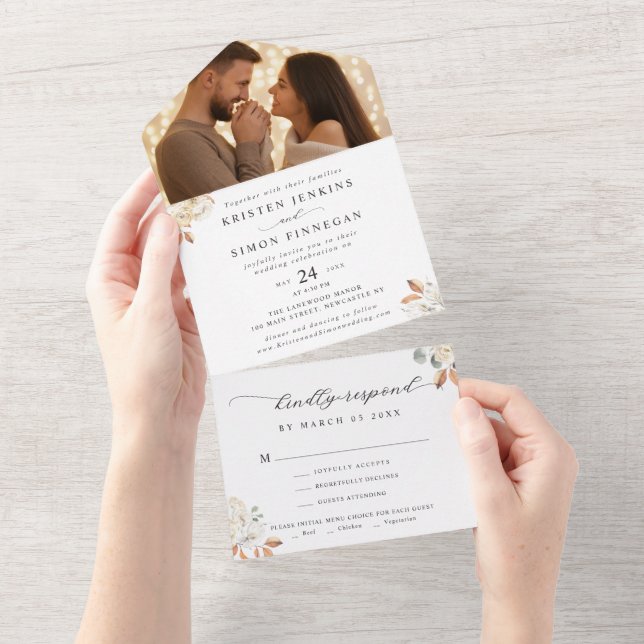 Elegant Autumn Flowers Script Photo Wedding All In One Invitation (Tearaway)