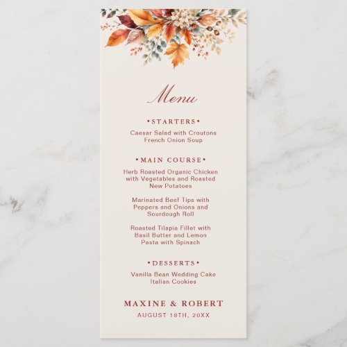 Elegant Autumn Foliage Soft Watercolor Wedding Menu