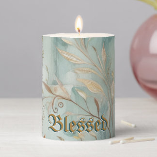 Elegant Autumn Golden Cyan Shade Leaves Tendrils Pillar Candle