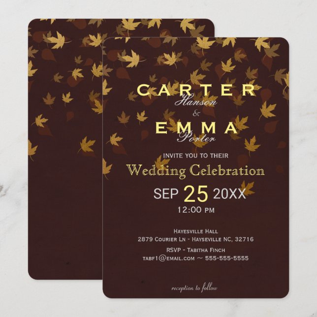 Elegant Autumn Golden Leaves Wedding Invitation (Front/Back)