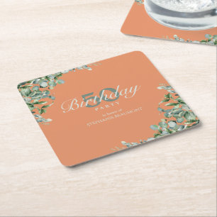 Elegant Autumn Green Flower Women's 50th Birthday  Square Paper Coaster