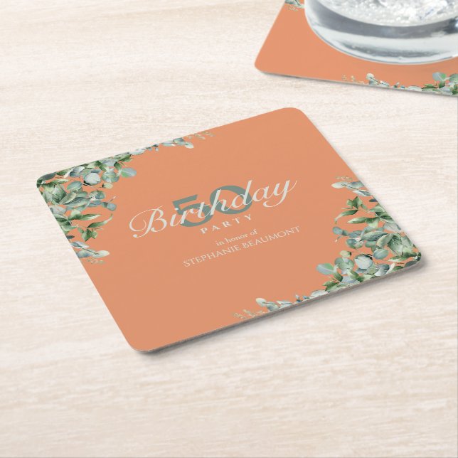 Elegant Autumn Green Flower Women's 50th Birthday  Square Paper Coaster (Angled)