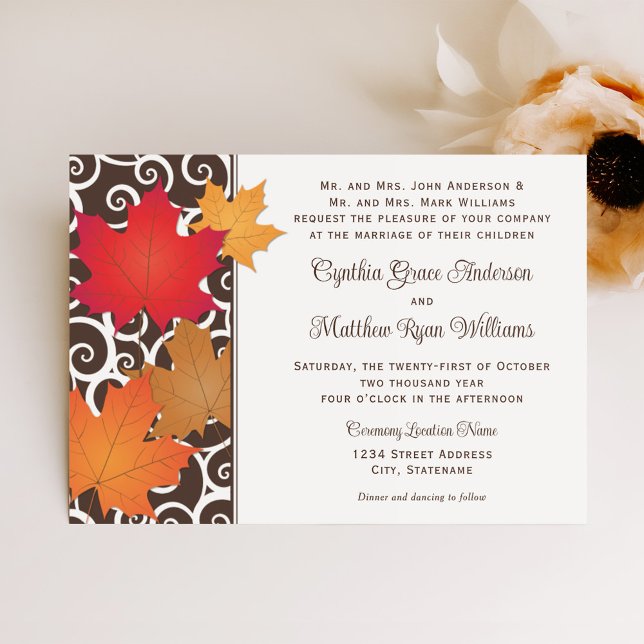 Elegant Autumn Leaves and Swirls Fall Wedding Invitation (Creator Uploaded)