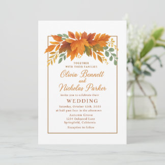 Elegant Autumn Leaves & Copper Rustic Fall Invitation
