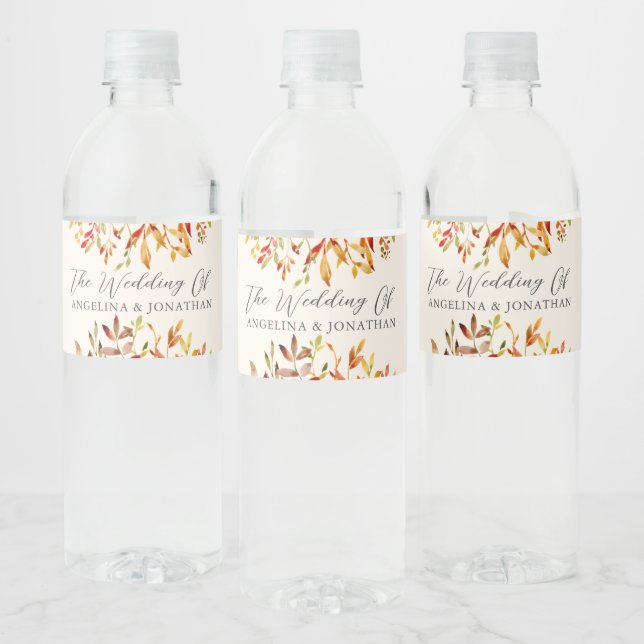 Elegant Autumn Leaves Custom Wedding Water Bottle Label (Bottles)