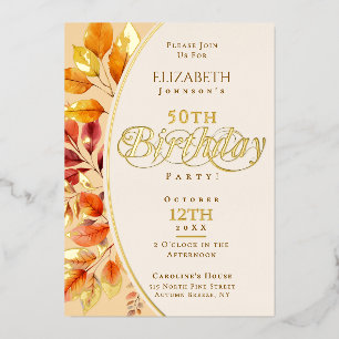 Elegant Autumn Leaves Fall 50th Birthday Foil Invitation