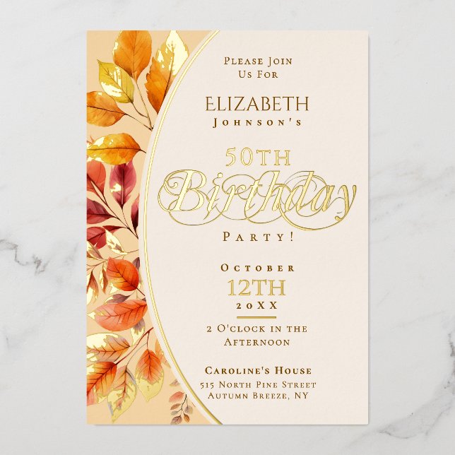 Elegant Autumn Leaves Fall 50th Birthday Foil Invitation (Front)