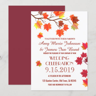 Elegant Autumn Leaves Fall Burgundy  Wedding Cards