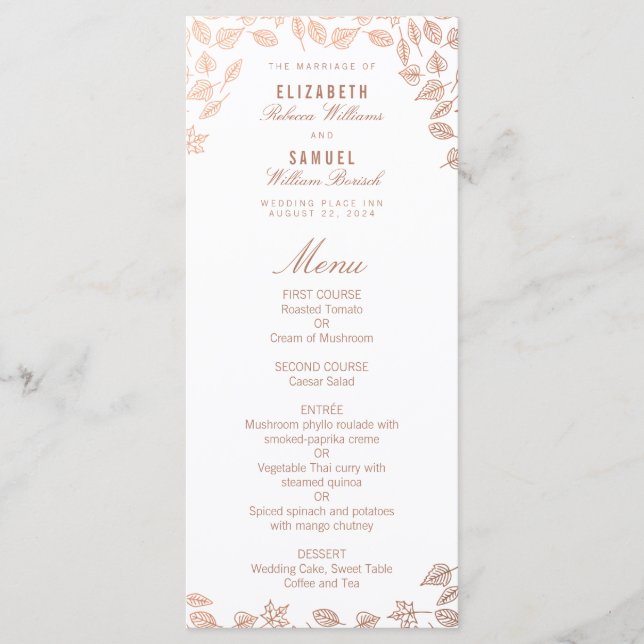 Elegant Autumn Leaves Faux Copper Wedding Menu (Front)