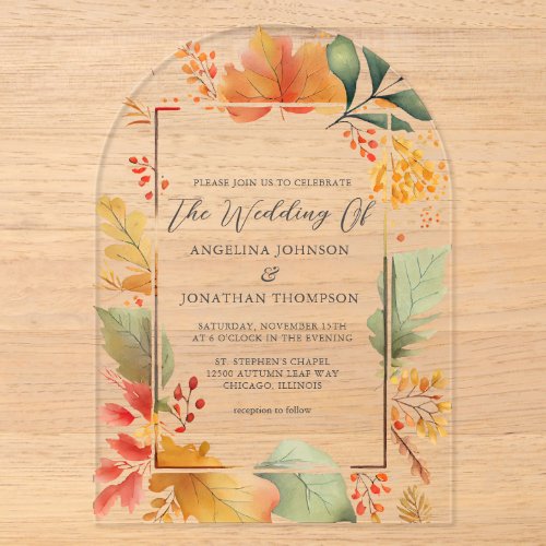 Elegant Autumn Leaves Outdoor Wedding Arch Acrylic Invitations