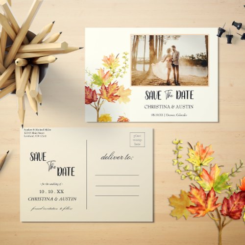 Elegant Autumn Leaves Photo White Save the Date Postcard