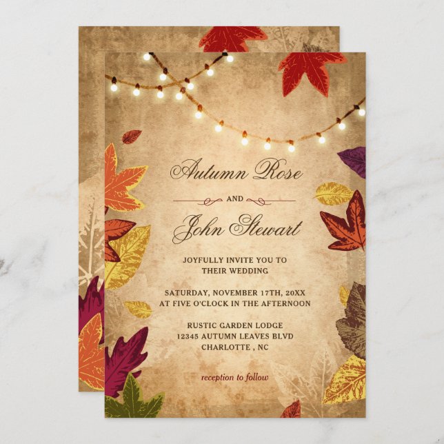 Elegant Autumn Leaves Rustic Fall Wedding Invitation (Front/Back)