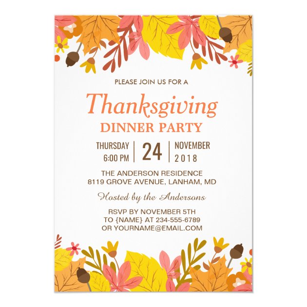 Elegant Autumn Leaves Thanksgiving Dinner Party Card