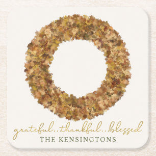 Elegant Autumn Leaves Thanksgiving Rustic Wreath Square Paper Coaster