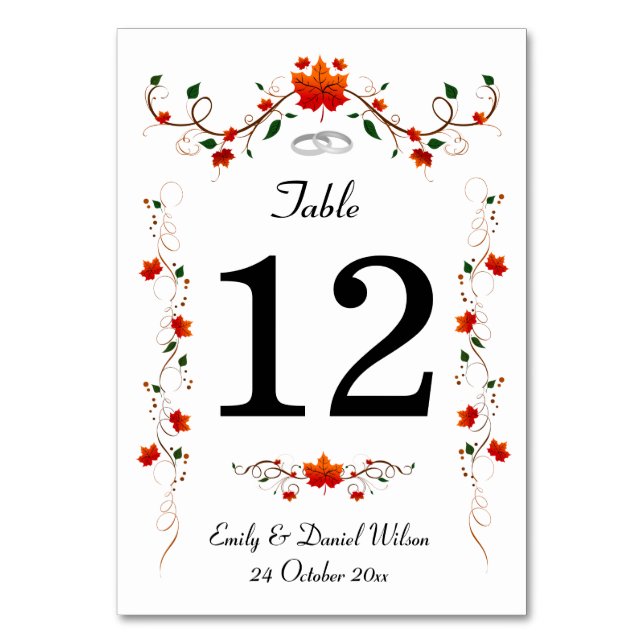 Elegant Autumn Leaves Wedding Table Number (Front)