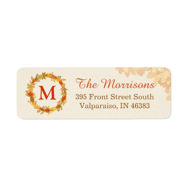 Elegant Autumn Leaves Wreath Monogram Label (Front)