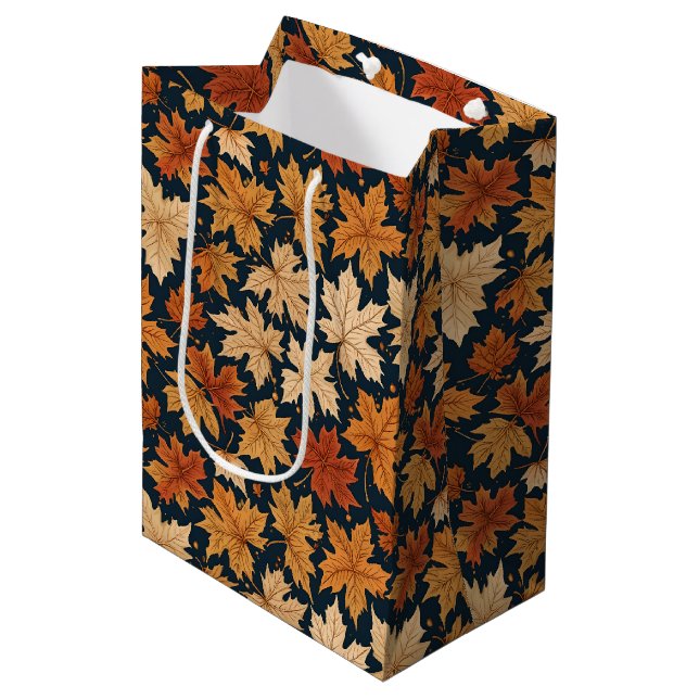 Elegant Autumn Maple Leaves on Navy Blue Medium Gift Bag (Front Angled)