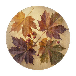 Elegant Autumn Maple Leaves Red Berries Golden Cutting Board