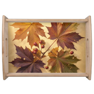 Elegant Autumn Maple Leaves Red Berries Golden Serving Tray