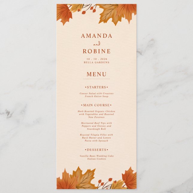 Elegant Autumn Maple Leaves Wedding Menu (Front)