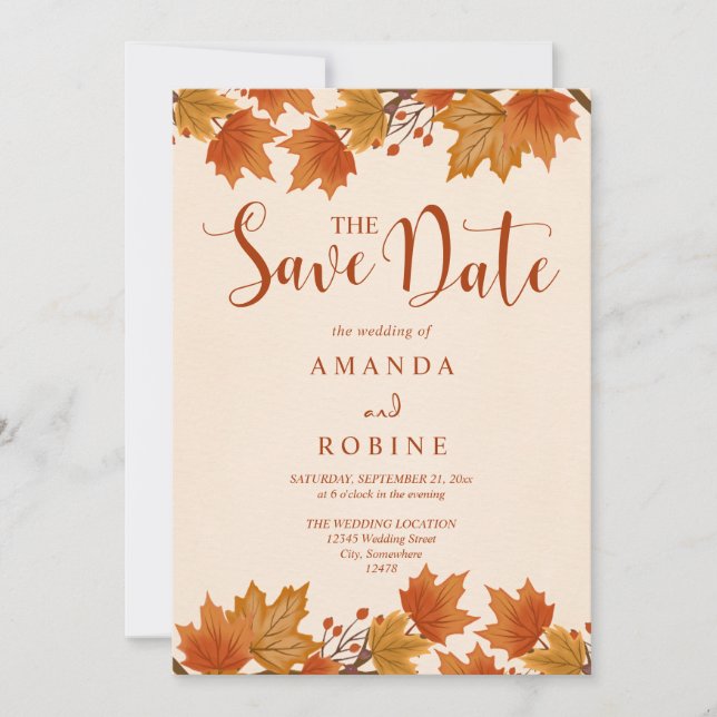 Elegant Autumn Maple Leaves Wedding Save The Date (Front)