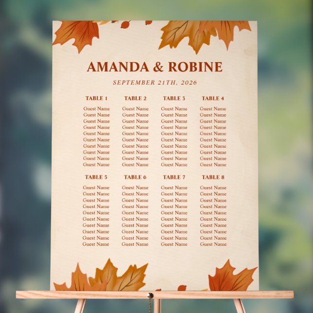 Elegant Autumn Maple Leaves Wedding Seating Chart (Neutral)