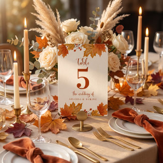 Elegant Autumn Maple Leaves Wedding Table Number