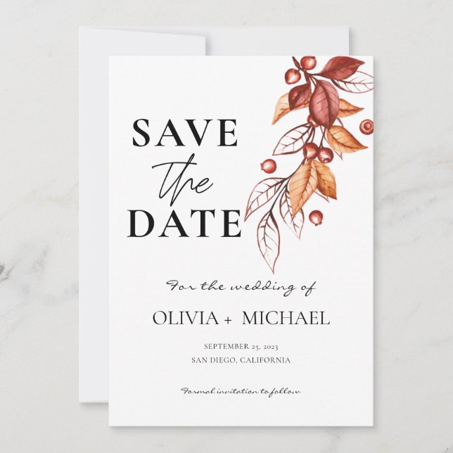 Elegant Autumn Modern Watercolor Terracotta  Save The Date (Front)