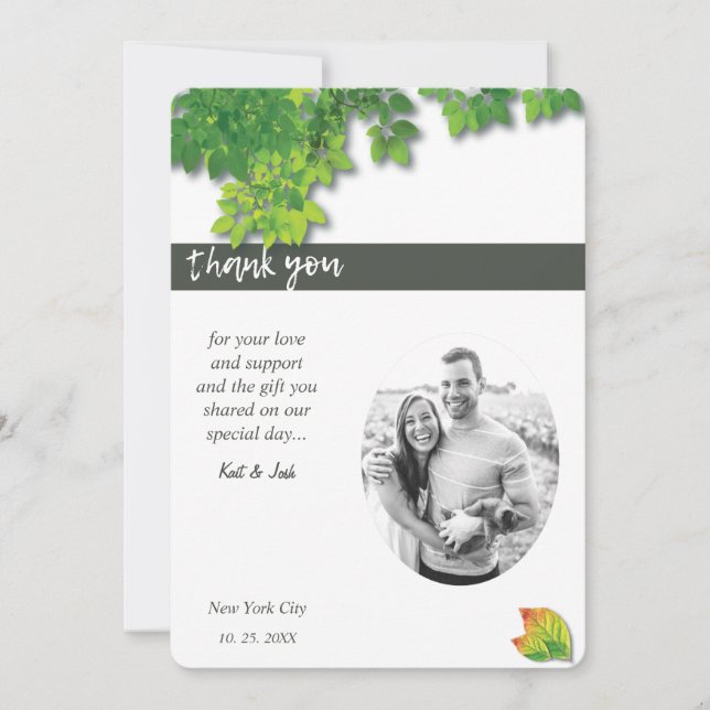 Elegant Autumn Oak Wonderful Minimalist Wedding Thank You Card (Front)