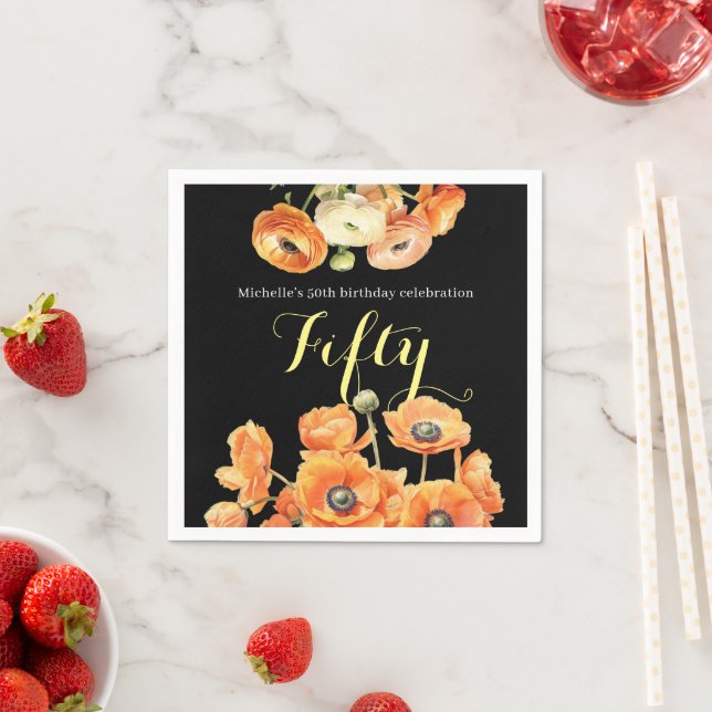 Elegant Autumn Orange Floral 50th Birthday Party Napkins (Insitu)