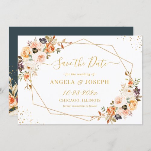 Elegant Autumn Orange Gold Floral Trendy Geometric Save The Date - Elegant Autumn Orange Gold Floral Trendy Geometric Save the Date Card. 
(1) For further customization, please click the "customize further" link and use our design tool to modify this template. 
(2) If you prefer Thicker papers / Matte Finish, you may consider to choose the Matte Paper Type.