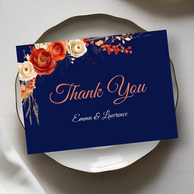 Elegant autumn orange navy florals wedding  thank you card (Creator Uploaded)