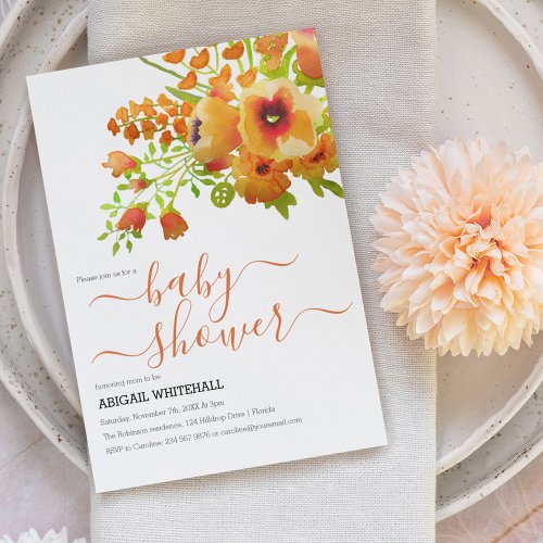 Elegant Autumn Orange Watercolor Floral Shower Invitation