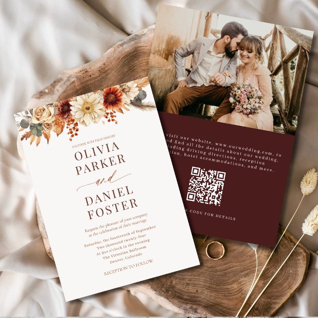 Elegant Autumn Photo QR Code Fall Wedding Invitation (Creator Uploaded)