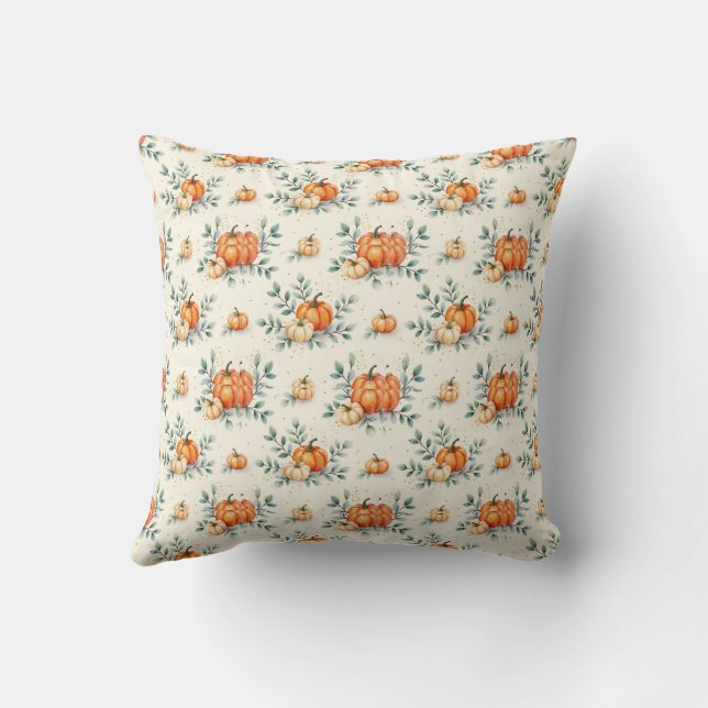 Elegant Autumn Pumpkin and Eucalyptus Watercolor  Throw Pillow (Back)