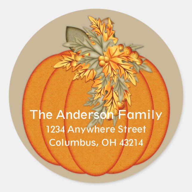 Elegant Autumn Pumpkin Golden Leaves Classic Round Sticker (Front)